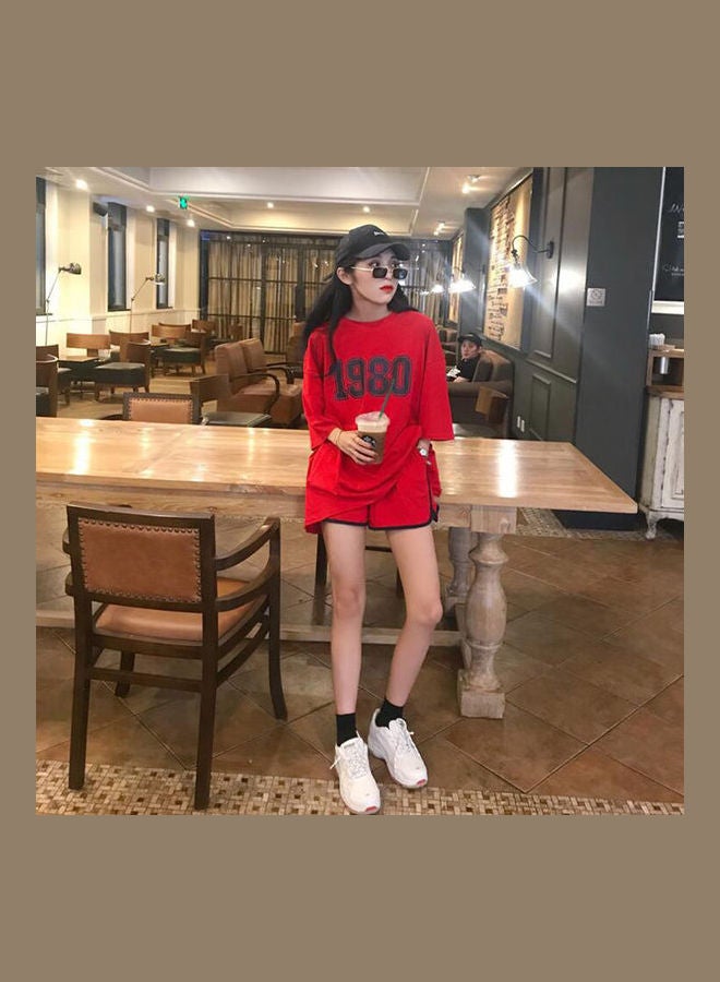 Short Sleeve Shirt And Shorts Loose Casual Sports Wear Red  - Image 5