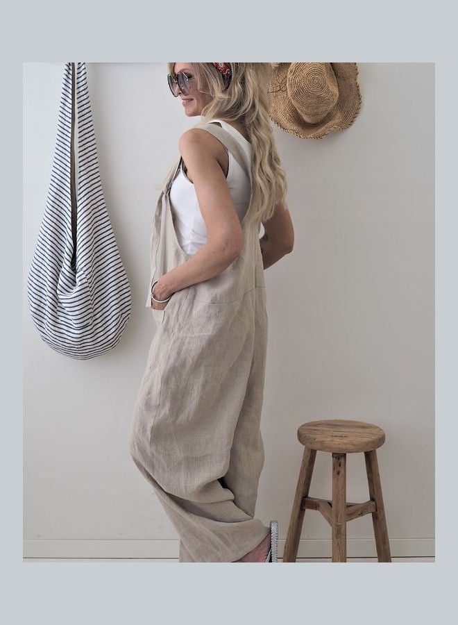 Loose Jumpsuit with Pockets Casual Style Pants Rompers Apricot  - Image 1