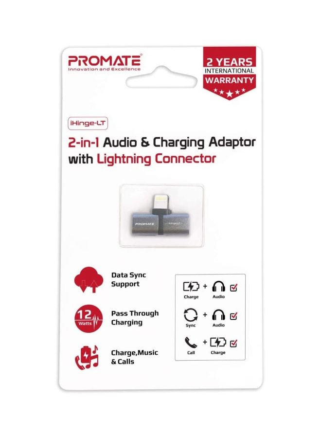 PROMATE - 2-in-1 Audio & Charging Adaptor With Lightning Connector Grey - Image 1