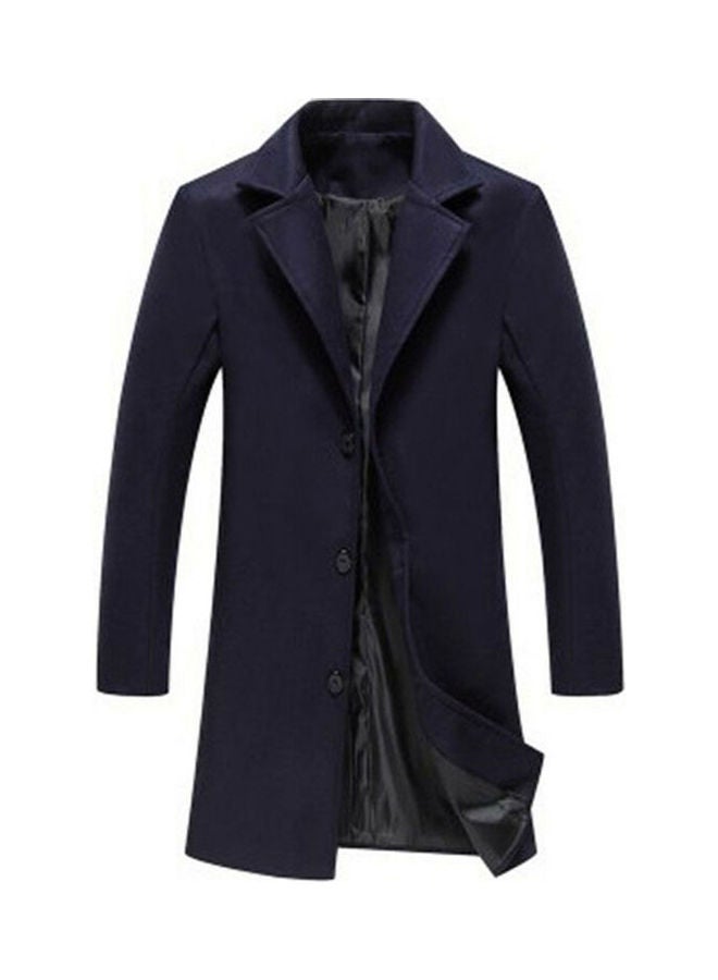 Solid Single-Breasted Lapel Long Jacket Navy Blue