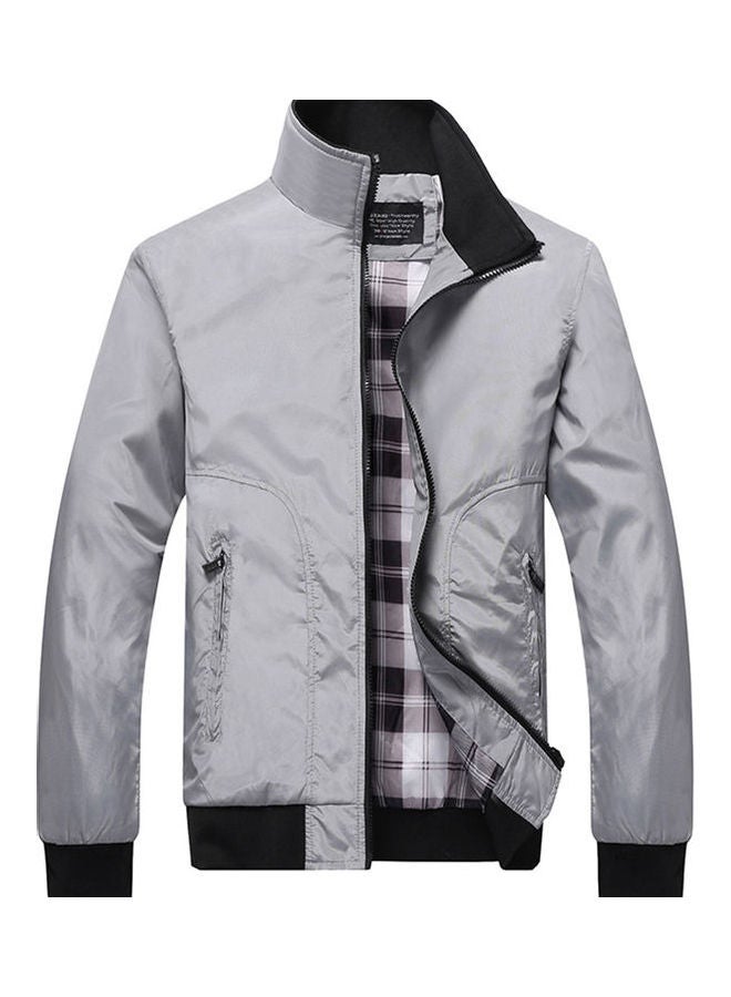 معطف جاكيت سادة بسحاب وياقة قائمة رمادي