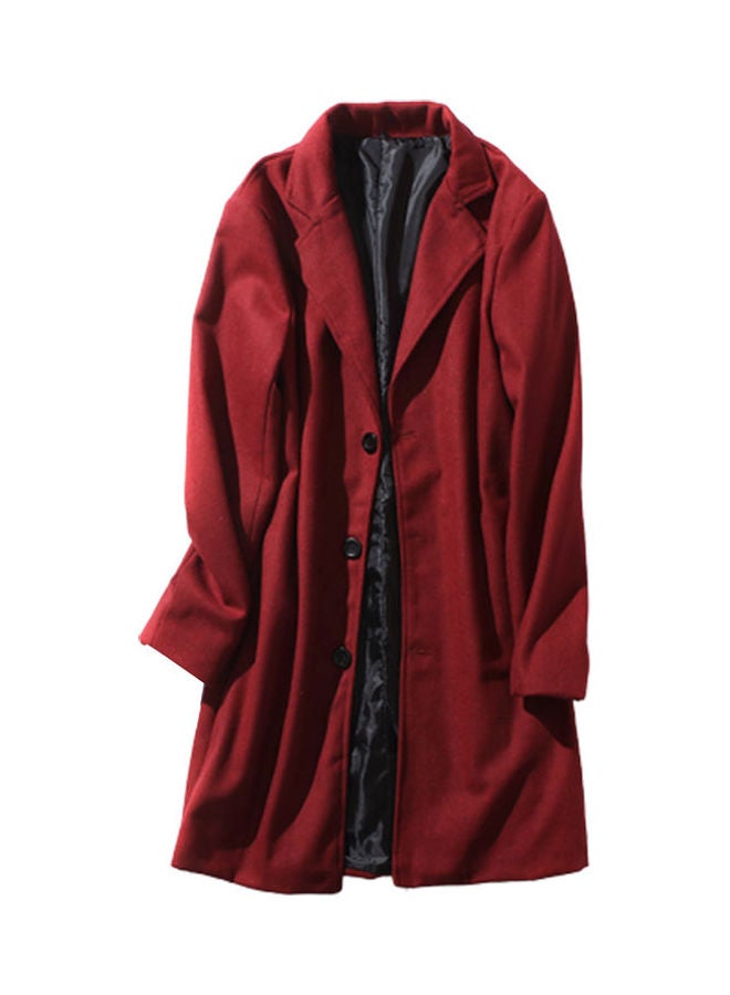 Lapel Collar Woolen Single-Breasted Trench Coat Wine Red - Image 1