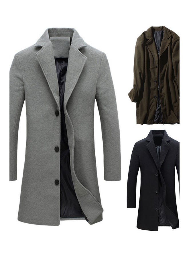 Lapel Collar Woolen Single-Breasted Trench Coat Wine Red - Image 2