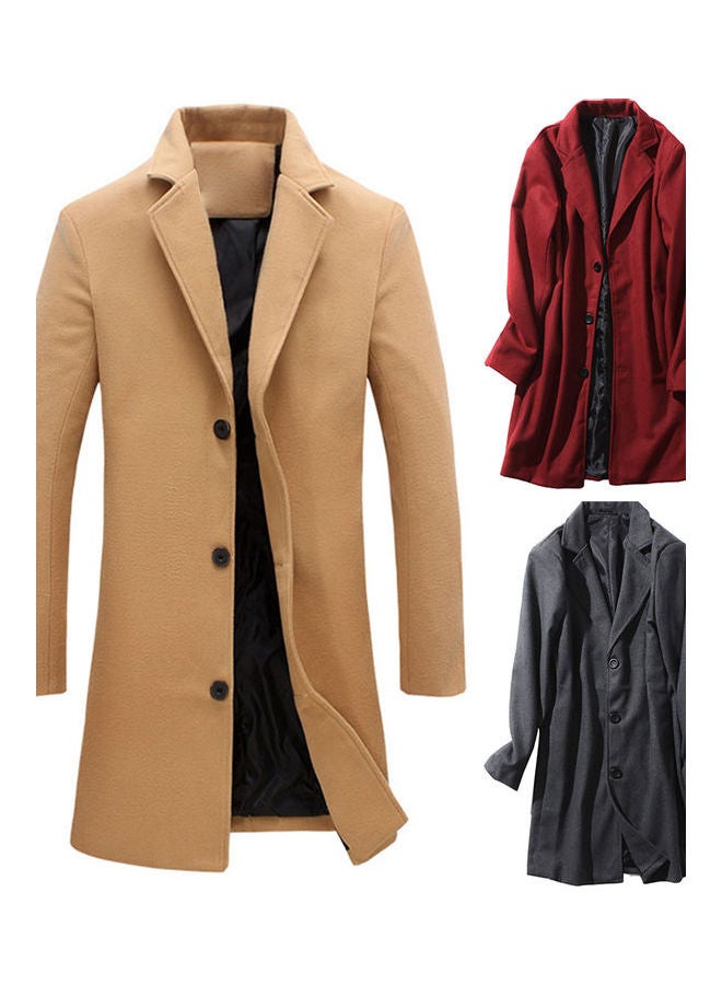 Lapel Collar Woolen Single-Breasted Trench Coat Wine Red - Image 3