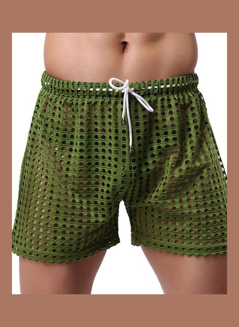 Solid Color Mesh Drawstring Shorts Green