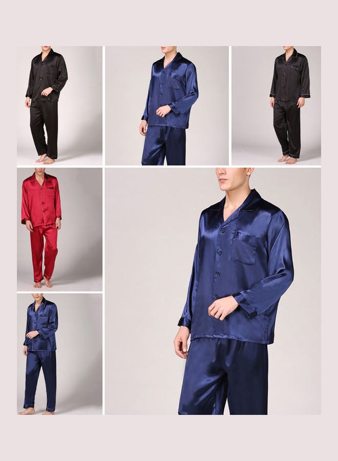 طقم بيجامة من الحرير بطبعة مكون من قطعتين أزرق وأبيض - Image 4