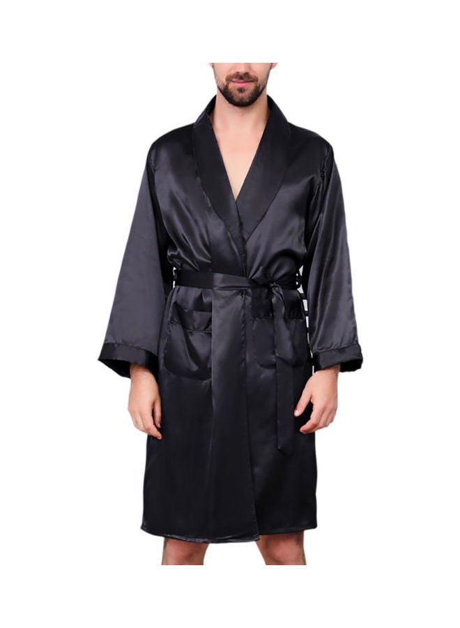 Generic - Solid Silk Robe With Waist Belt Black - Image 1