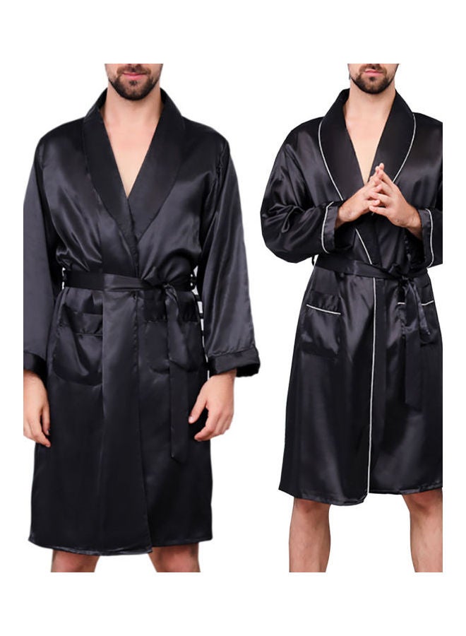 Generic - Solid Silk Robe With Waist Belt Black - Image 1
