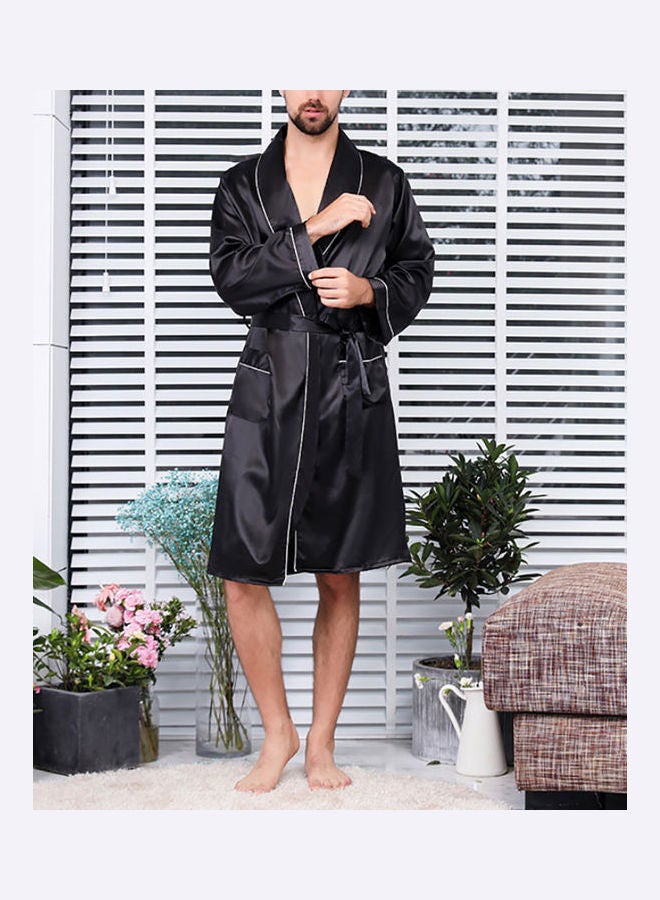 Generic - Solid Silk Robe With Waist Belt Black - Image 1