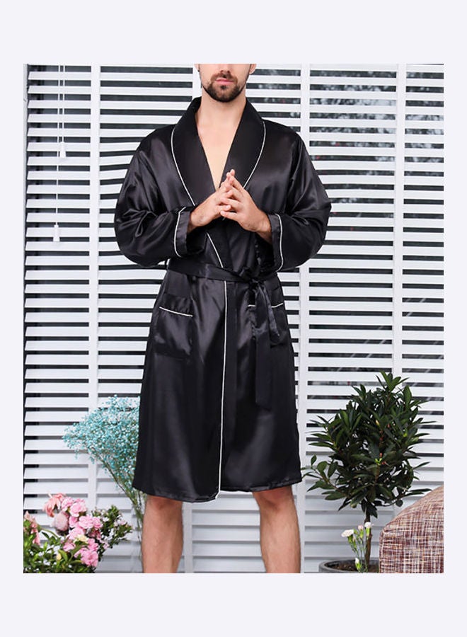 Generic - Solid Silk Robe With Waist Belt Black - Image 1