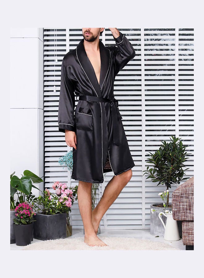 Generic - Solid Silk Robe With Waist Belt Black - Image 1