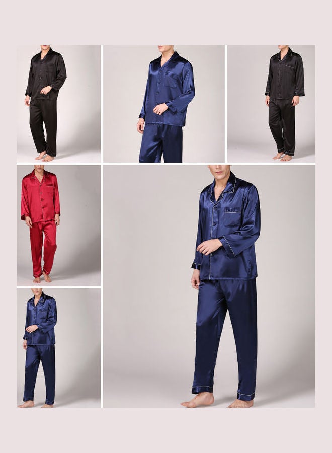 طقم بيجامة من الحرير بطبعة مكون من قطعتين أزرق وأبيض - Image 3