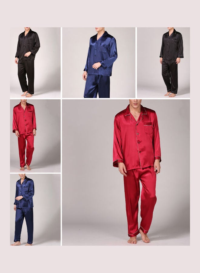 طقم بيجامة من الحرير بطبعة مكون من قطعتين أزرق وأبيض - Image 2