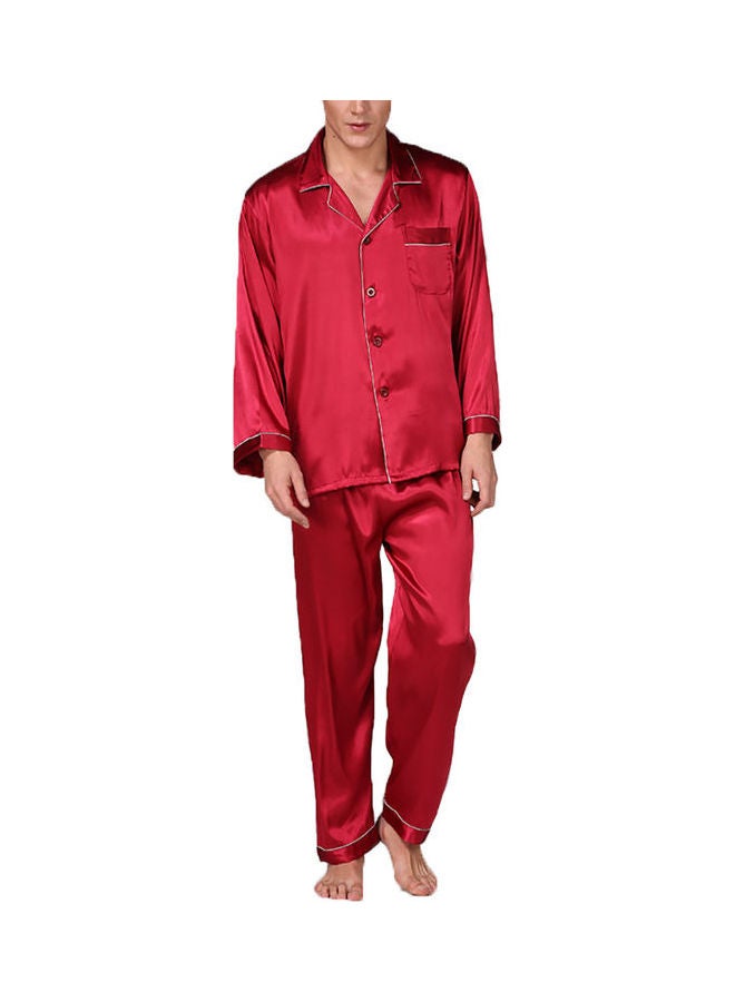 Generic - 2-Piece Printed Silk Pyjama Set Red White Side - Image 1