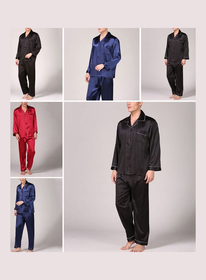 طقم بيجامة من الحرير بطبعة مكون من قطعتين أزرق وأبيض - Image 5