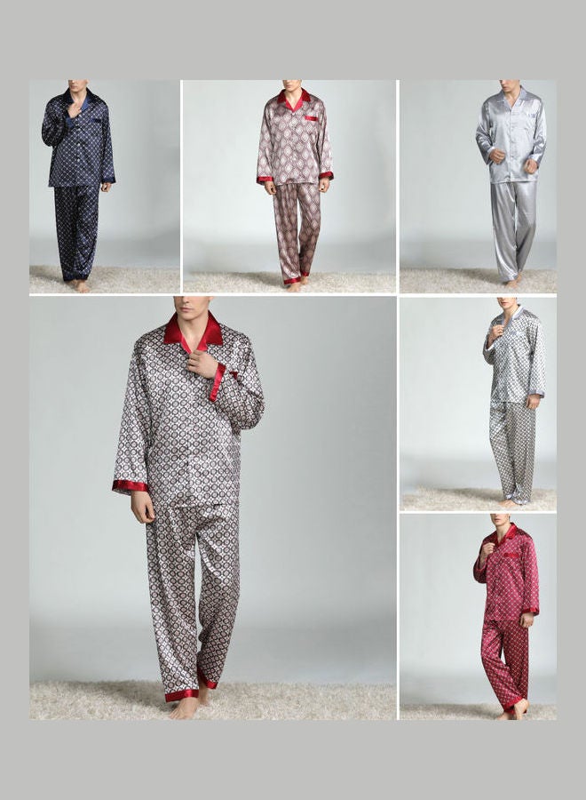 Generic - 2-Piece Printed Silk Pyjama Set Silver Grey - Image 1