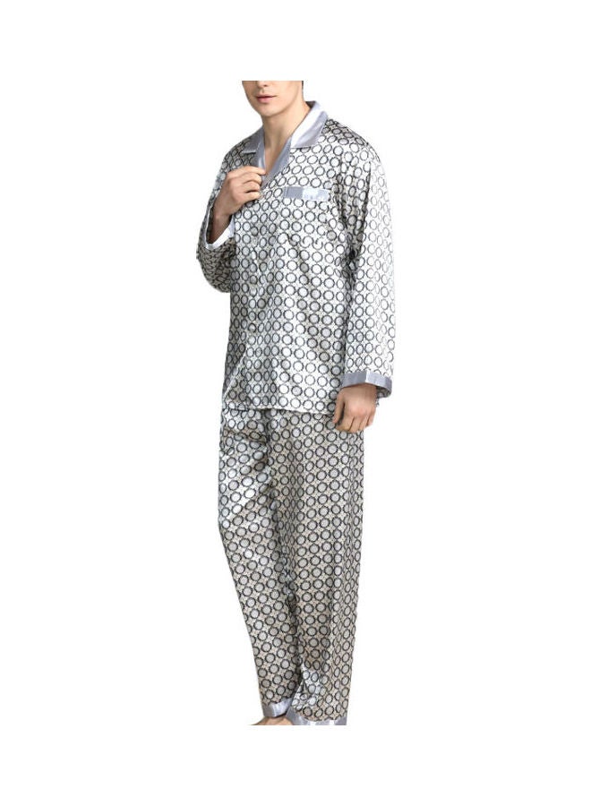 2-Piece Printed Silk Pyjama Set Silver Circle