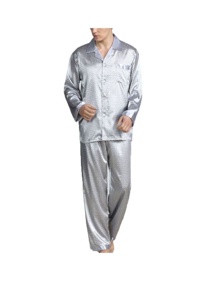 Generic - 2-Piece Printed Silk Pyjama Set Silver Grey - Image 1