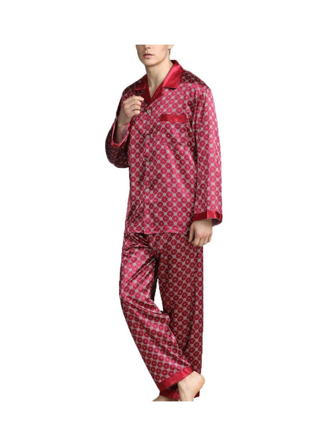 Generic - 2-Piece Printed Silk Pyjama Set Deep Red - Image 1