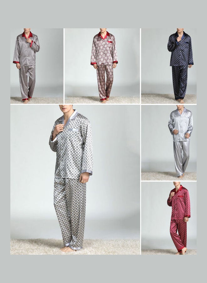 Generic - 2-Piece Printed Silk Pyjama Set Silver Grey - Image 1