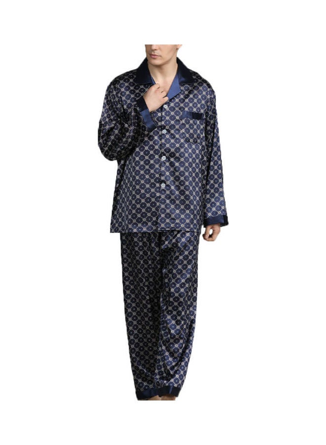 Generic - 2-Piece Printed Silk Pyjama Set Deep Blue - Image 1