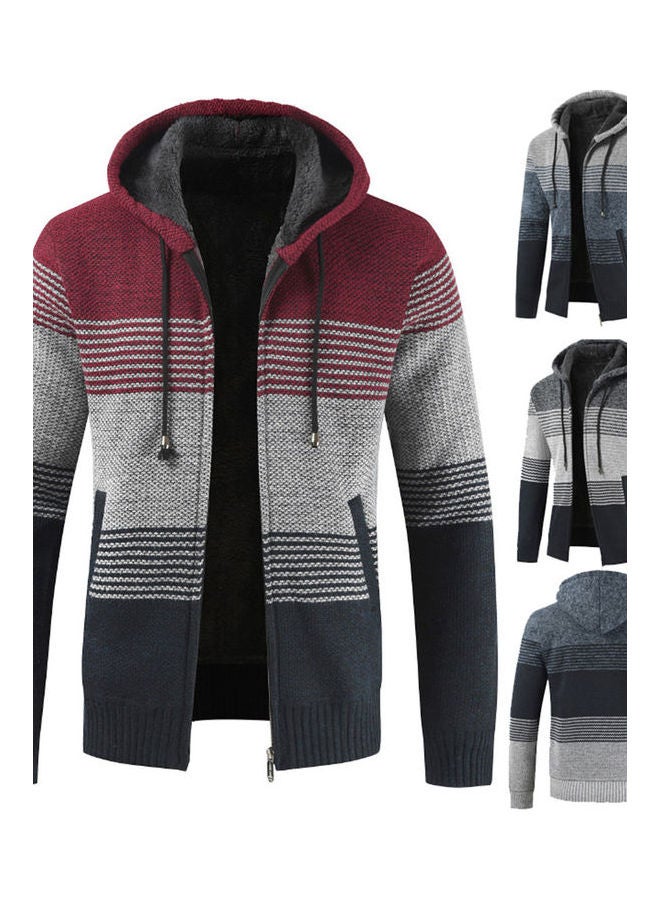 Color Block Stripes Warm Zip Jacket Light Gray/Black - Image 2