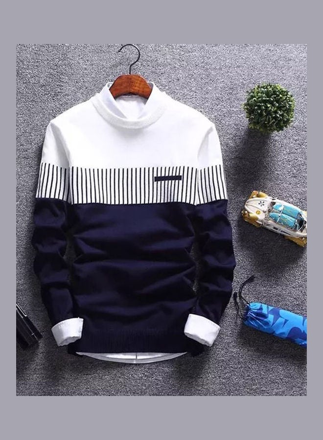 Generic - Color Block Stripe Knitted Pullover White/Blue - Image 1