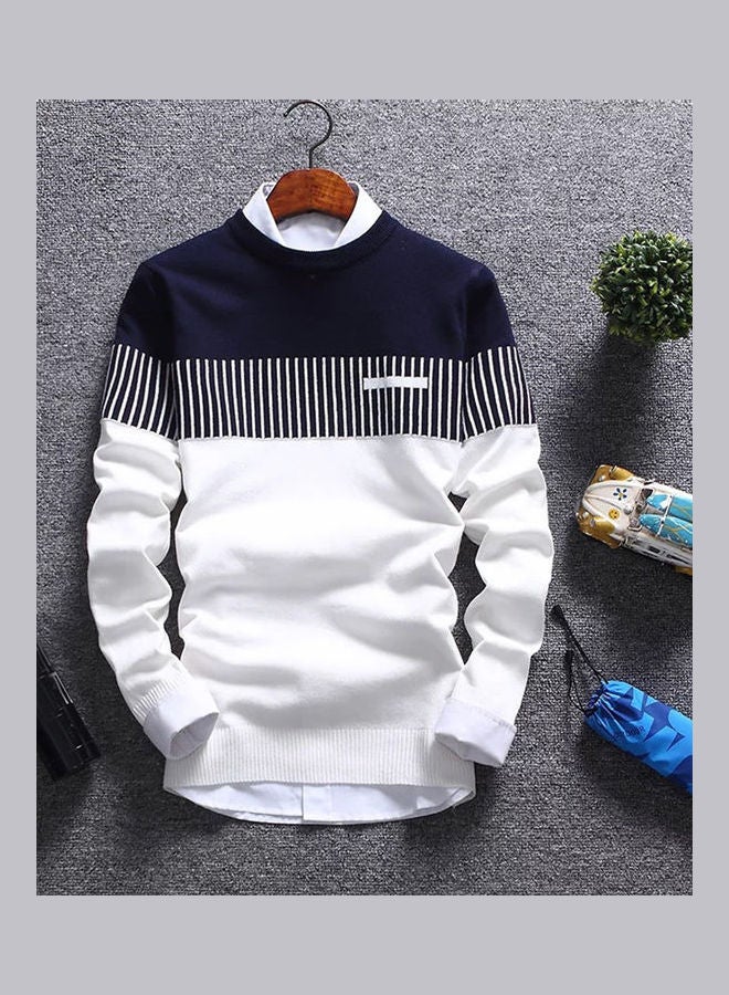Generic - Color Block Stripe Knitted Pullover White/Blue - Image 1