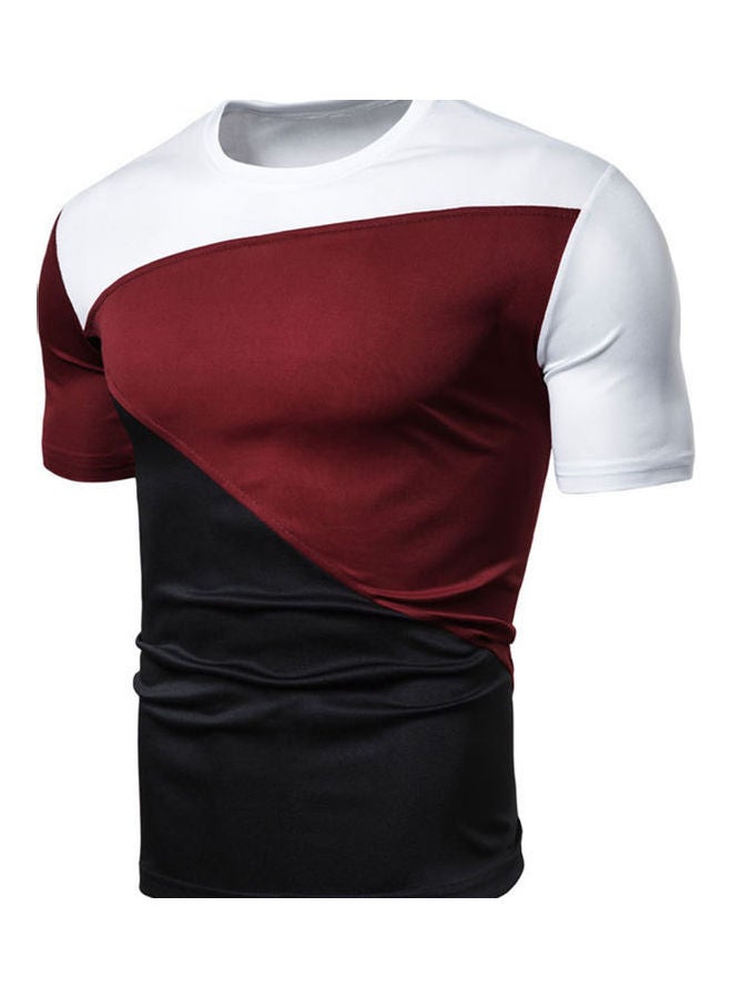 Fashion Men Colour Blocking T-Shirt Short Sleeve Round Neck Casual Pullover Top Wine Red 