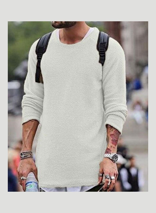 Men Casual Solid Colour Sweater Knitwear O Neck Long Sleeve Shirt Pullover Top White  - Image 3