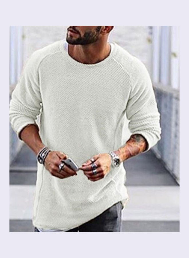 Men Casual Solid Colour Sweater Knitwear O Neck Long Sleeve Shirt Pullover Top White  - Image 2