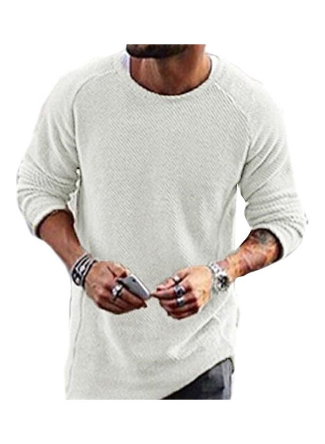 Men Casual Solid Colour Sweater Knitwear O Neck Long Sleeve Shirt Pullover Top White  - Image 1