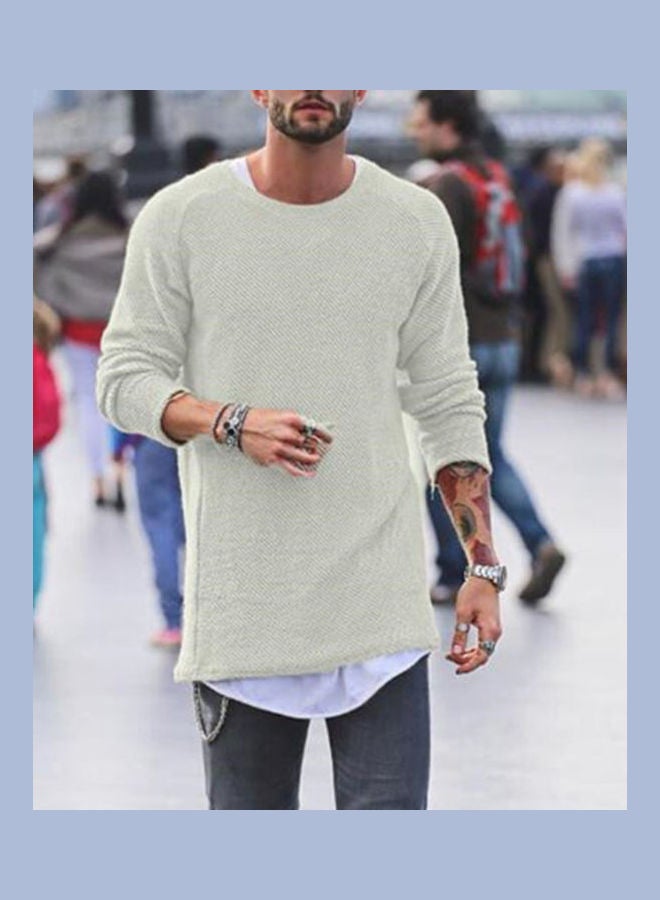 Men Casual Solid Colour Sweater Knitwear O Neck Long Sleeve Shirt Pullover Top White  - Image 4