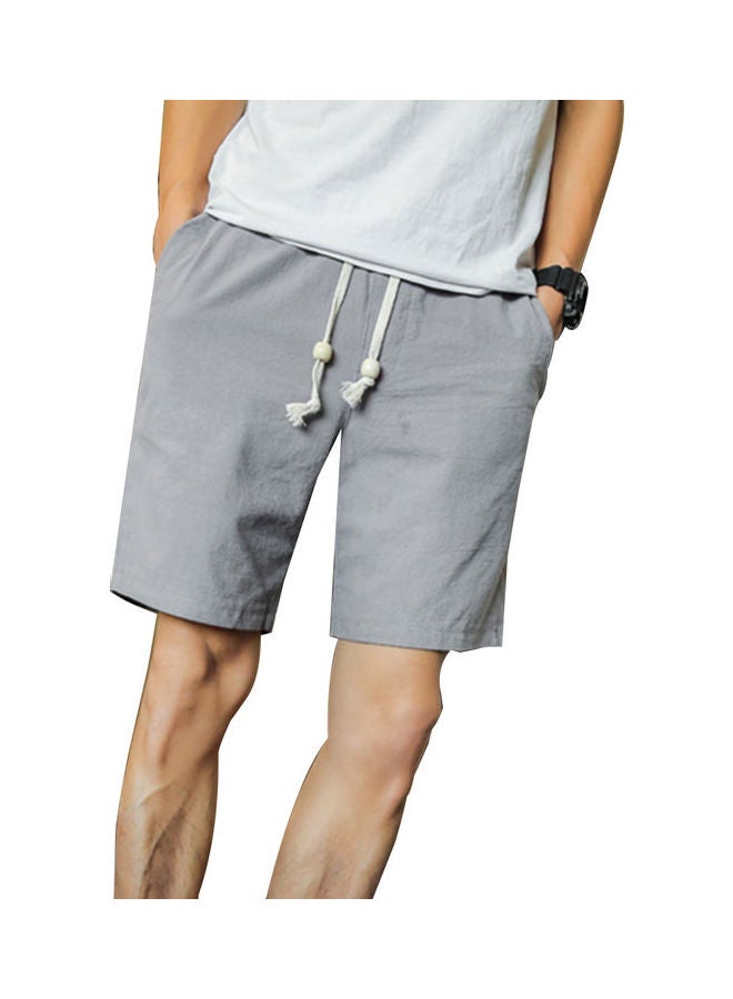 Solid Colour Linen Shorts Summer Men Beach Surfing Sports Drawstring Fifth Pants Gray 