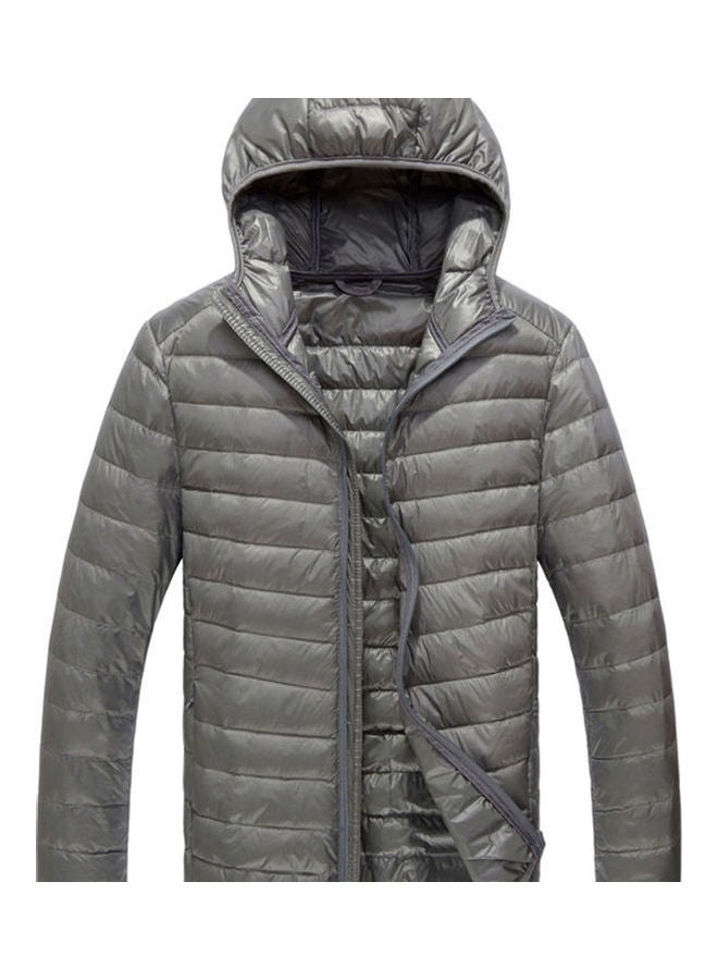 جاكيت شتوي بسحاب وغطاء للرأس رمادي