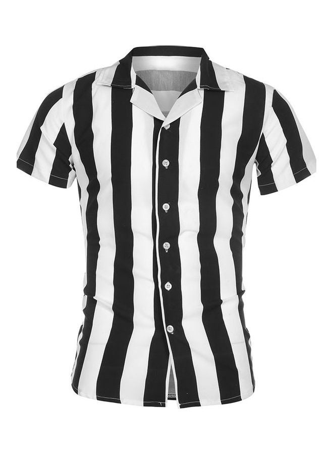 Casual Striped Print Shirt Top Men Button Turn Down Collar Short Sleeve Blouse Black and White - Image 1