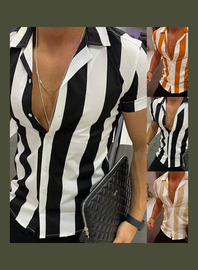 Casual Striped Print Shirt Top Men Button Turn Down Collar Short Sleeve Blouse Black and White - Image 2