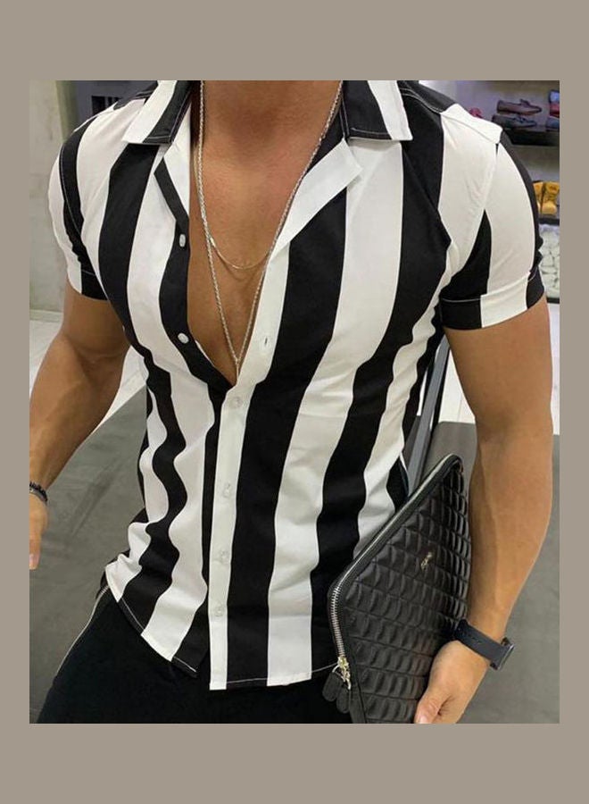 Casual Striped Print Shirt Top Men Button Turn Down Collar Short Sleeve Blouse Black and White - Image 3