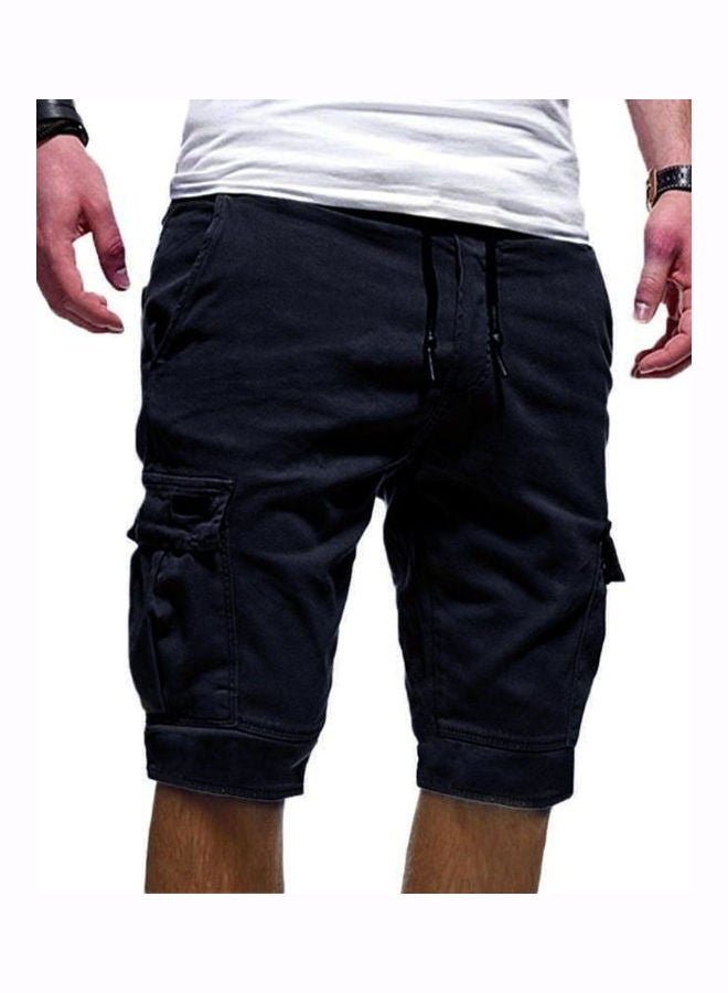 Solid Colour Casual Summer?Cargo Shorts Men Sports Jogger Drawstring Fifth Pants Navy Blue 