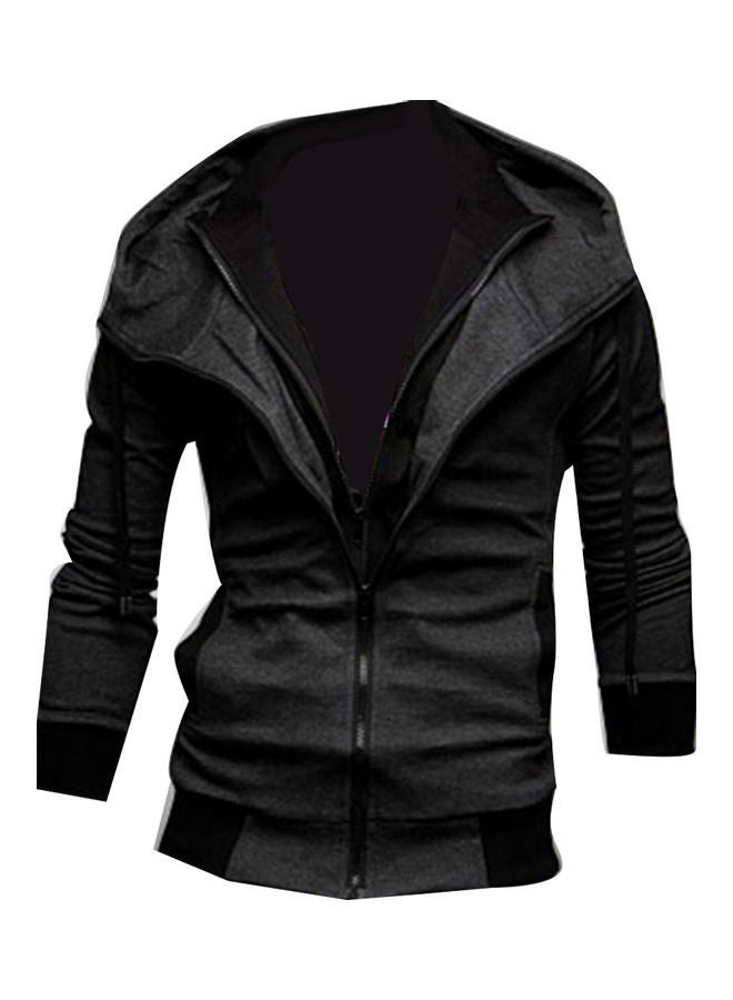 Plus Size Men Colour Block Long Sleeve Slim Fit Hooded Zipper Jacket Coat Outwear Dark Gray - Image 1