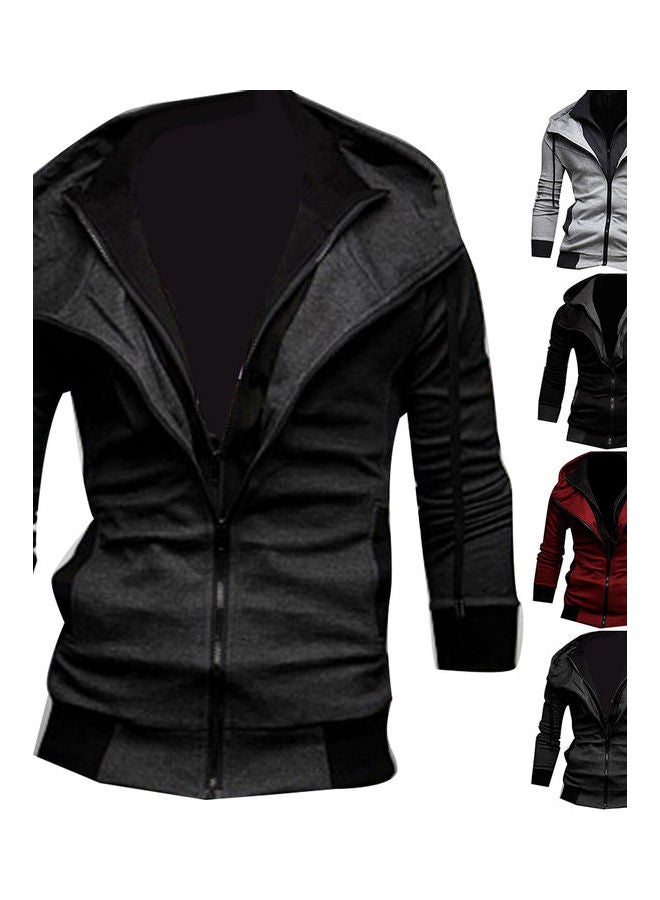 Plus Size Men Colour Block Long Sleeve Slim Fit Hooded Zipper Jacket Coat Outwear Dark Gray - Image 2