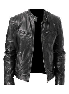 Generic Autumn Winter Men Stand Collar Zipper Faux Leather Motorcycle Jacket Black  - Image 1
