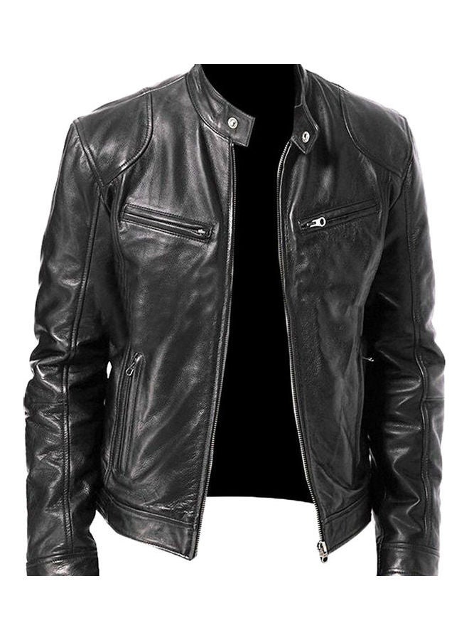 Autumn Winter Men Stand Collar Zipper Faux Leather Motorcycle Jacket Black  - Image 1