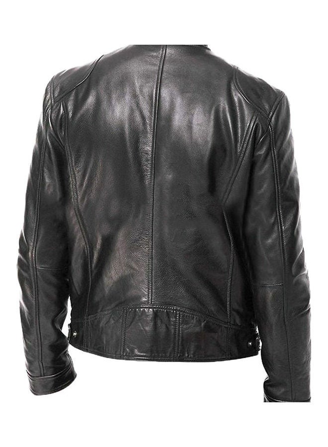 Autumn Winter Men Stand Collar Zipper Faux Leather Motorcycle Jacket Black  - Image 4