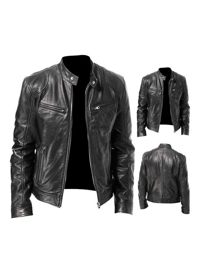 Autumn Winter Men Stand Collar Zipper Faux Leather Motorcycle Jacket Black  - Image 3