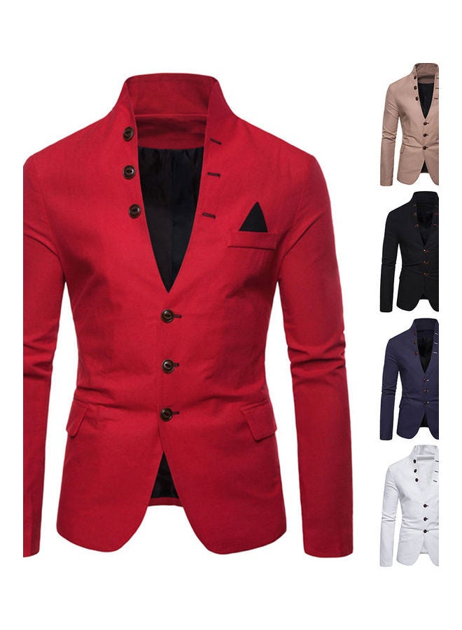 Men Long Sleeve Stand Collar Tuxedo Suit Blazer 3 Button Pocket Slim Jacket Coat Red  - Image 2