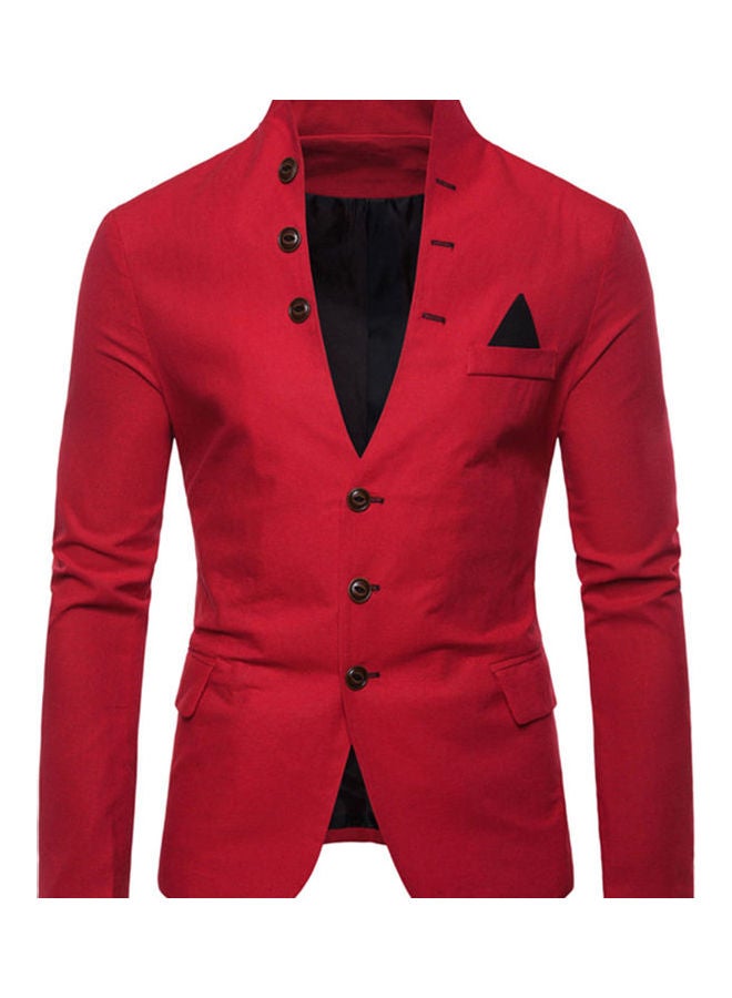 Men Long Sleeve Stand Collar Tuxedo Suit Blazer 3 Button Pocket Slim Jacket Coat Red  - Image 1