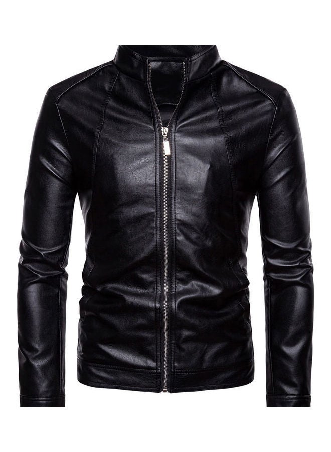 Men Faux Leather Solid Colour Stand Collar Long Sleeve Zip Motorcycle Jacket Black  - Image 1
