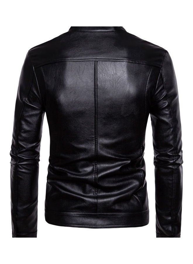 Men Faux Leather Solid Colour Stand Collar Long Sleeve Zip Motorcycle Jacket Black  - Image 5
