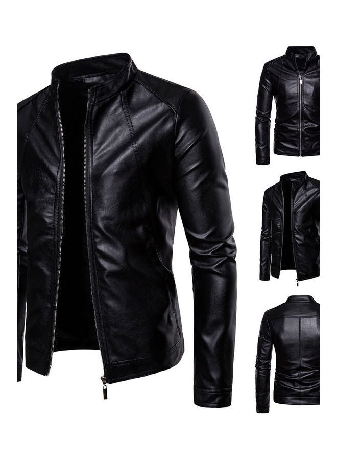 Men Faux Leather Solid Colour Stand Collar Long Sleeve Zip Motorcycle Jacket Black  - Image 3
